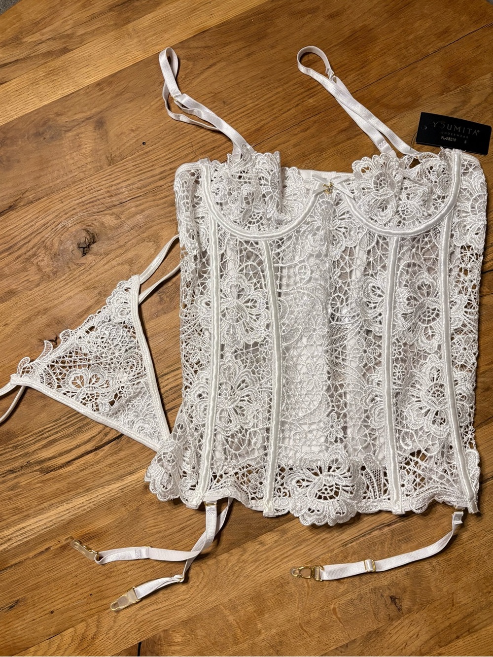 Youmita White Crochet Lace Corset Top with Garter Straps and thong